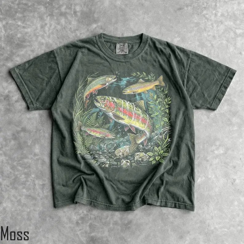 Comfort Colors 90s River Wildlife T-shirt Men And Women's Unisex Vintage Rainbow Trout Tee Fishing Retro Fish Tshirt Nature Top