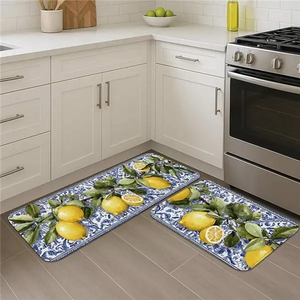 Mediterranean Lemon Indoor Kitchen Floor Mat Set - Polyester Non-Slip Rectangle Machine Washable Rugs with Fruit-Inspired Artwork for Modern Farmhouse Home Decor