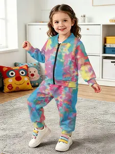 Gradient Tie-dye Rainbow Printed Casual Girls' Tracksuit, Zip-up Jacket and Pants Set for Toddler Girls. Cute casual kids outfit, suitable for daily wear and outdoor activities, an ideal gift for little girls