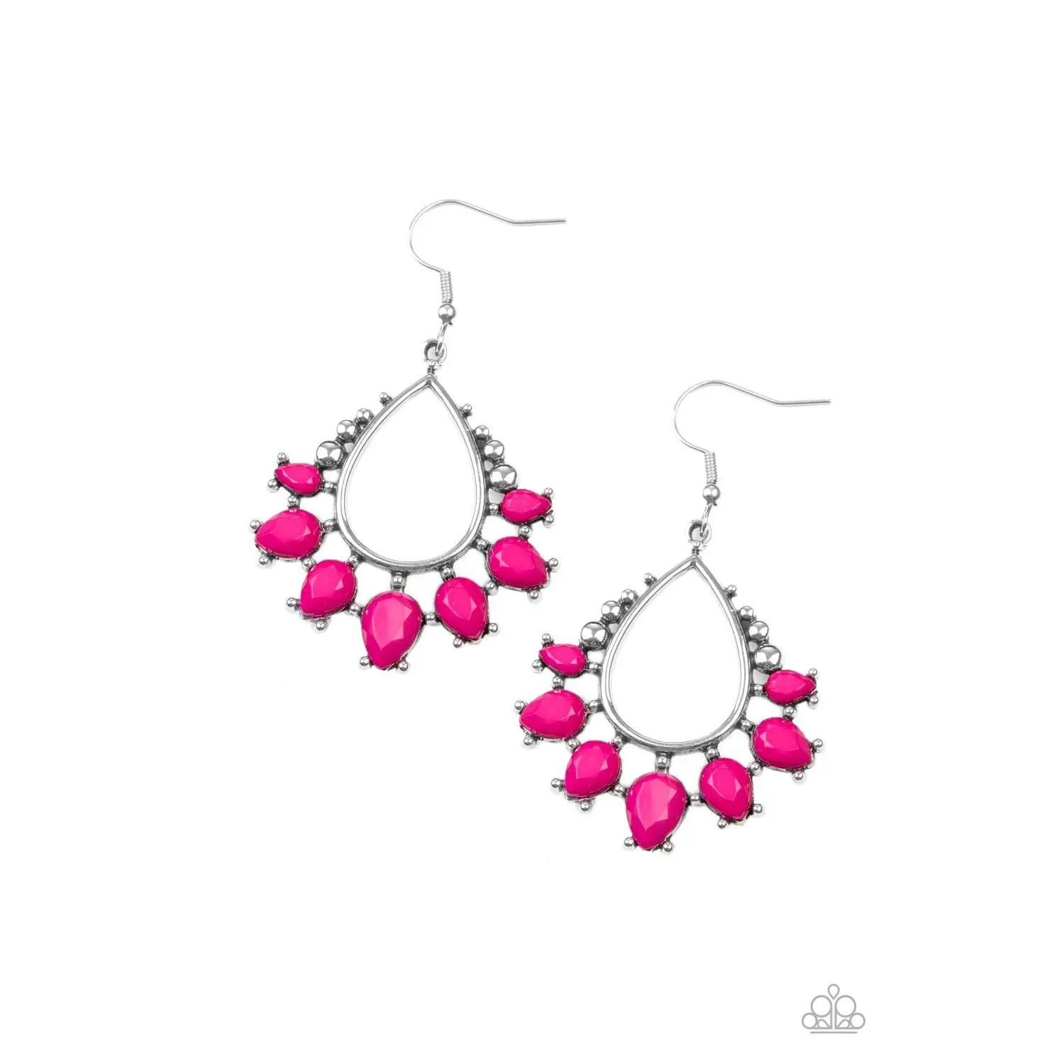 Silver-Tone Teardrop Drop Earrings for Women, Faceted Fuchsia Pink Dangle Style with Fishhook Backing for Casual Wear, 1 Pair, One Pair