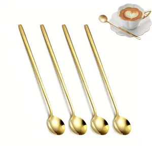 Luxurious Golden Iced Tea Spoons Set of 4, Stainless Steel Long Handle, Durable Stirring Spoon Utensils for Coffee/ice/milkshake/sorbet