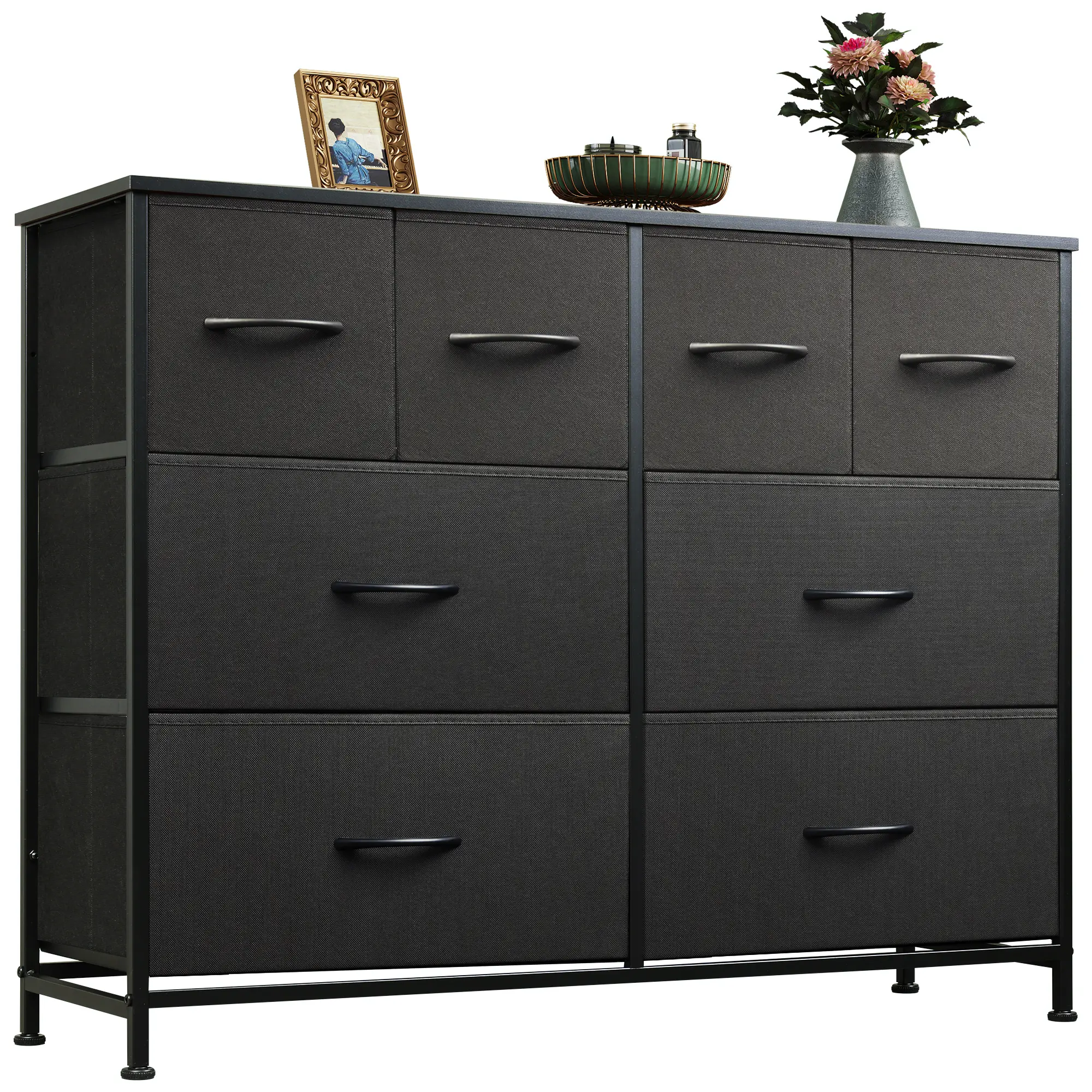 WLIVE 8-Drawer Fabric Dresser - Wide Storage Organizer for Bedroom/Living Room/Closet, Black (39.4"L x 11.8"W x 30.4"H) with Adjustable Feet