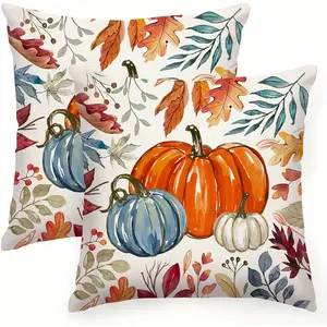 2pcs Autumn Pumpkin & Leaves Throw Pillow Covers - Rustic Farmhouse Style, Thanksgiving Home Decor for Sofa & Couch, Fall Outdoor Decoration, Fall Decorations for Home, Thanksgiving Table Decor, Single-sided Printing Without Pillow Core, Holiday Decor