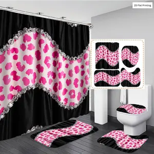 1/3/4PCS Stylish Dress with Pink Leopard print and Rhinestone Shower Curtain Set with Rugs, Non Slip Bath Mat, U-Shape Carpet, Toilet Lid Cover, Polyester Fabric Bathtub Curtain Accessories, 12 Hooks, Home Bathroom Festival Decor