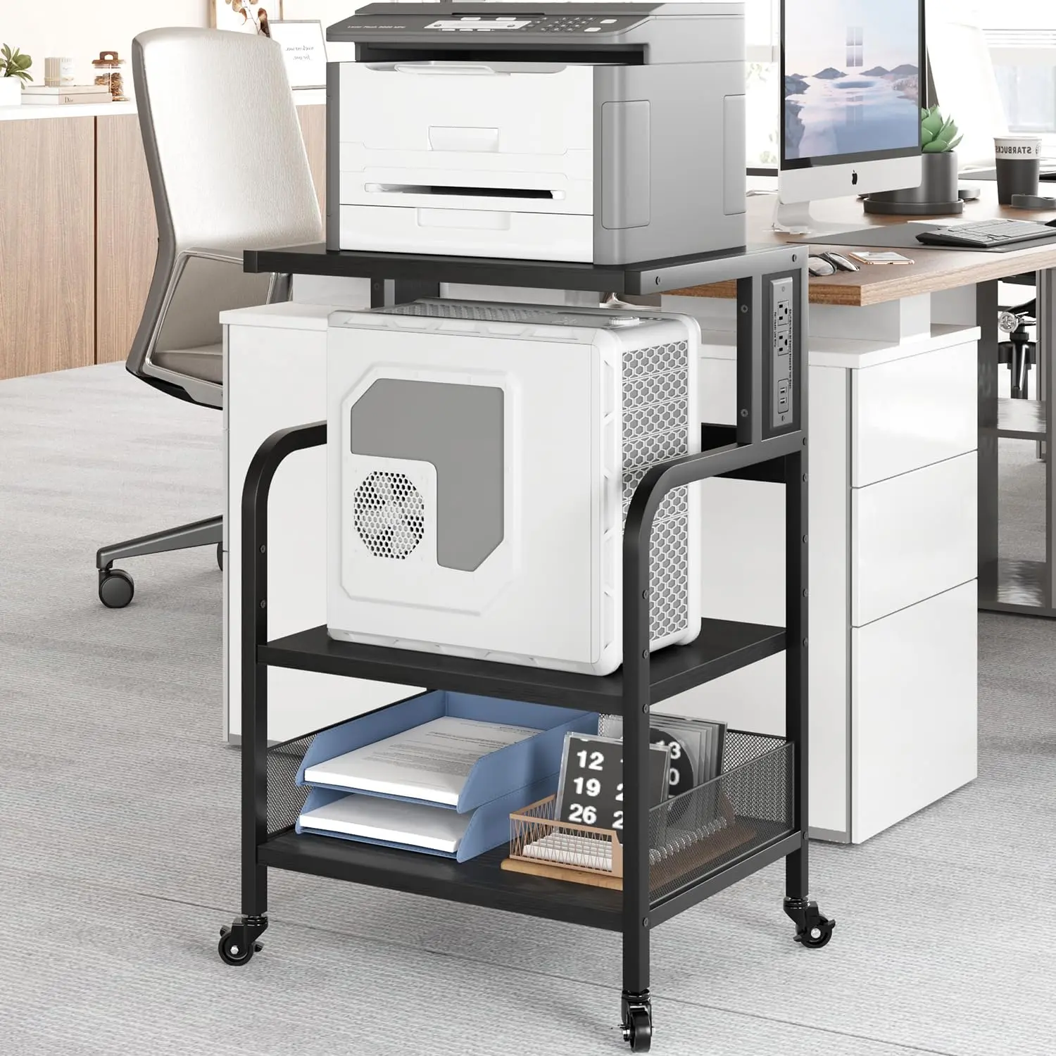 GARVEE Rolling Printer Stand with Charging Station: Adjustable 3-Tier Shelf with Power Outlets for Home Office, Featuring Rustic Brown and Gray Finishes, Ideal for Printers, Scanners, and Fax Machines.