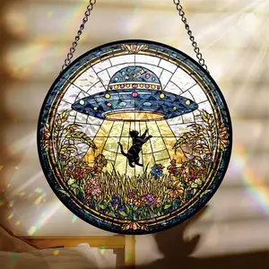 UFO Abduction Black Cat Wildflowers Stained Glass Suncatcher, Unique Gifts for Women, Halloween Window Hangings, Black Cat Suncatcher