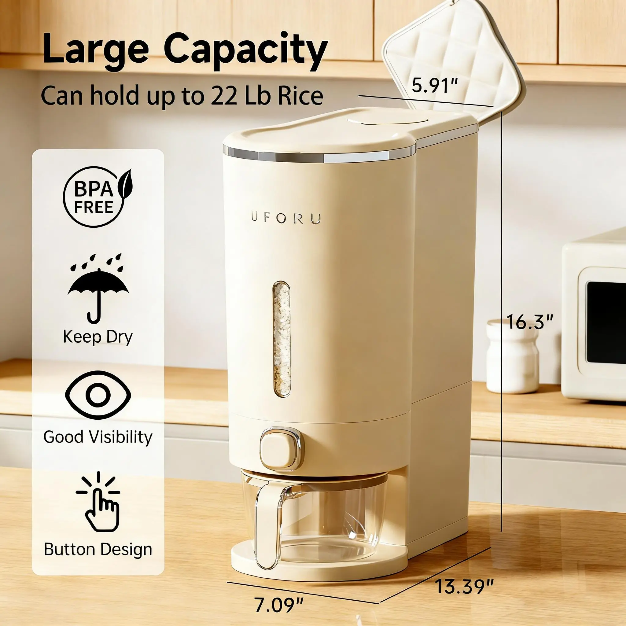 UFORU Insect-Proof Airtight Rice Dispenser with Measuring Cup, 11LBS/22LBS Capacity, Moisture-Resistant Plastic Grain Storage Container, Multi-Purpose Kitchen Pantry Organizer for Rice, Soybeans, Corn, Cereals, Cat Food, Dog Food & Dry Pet Food