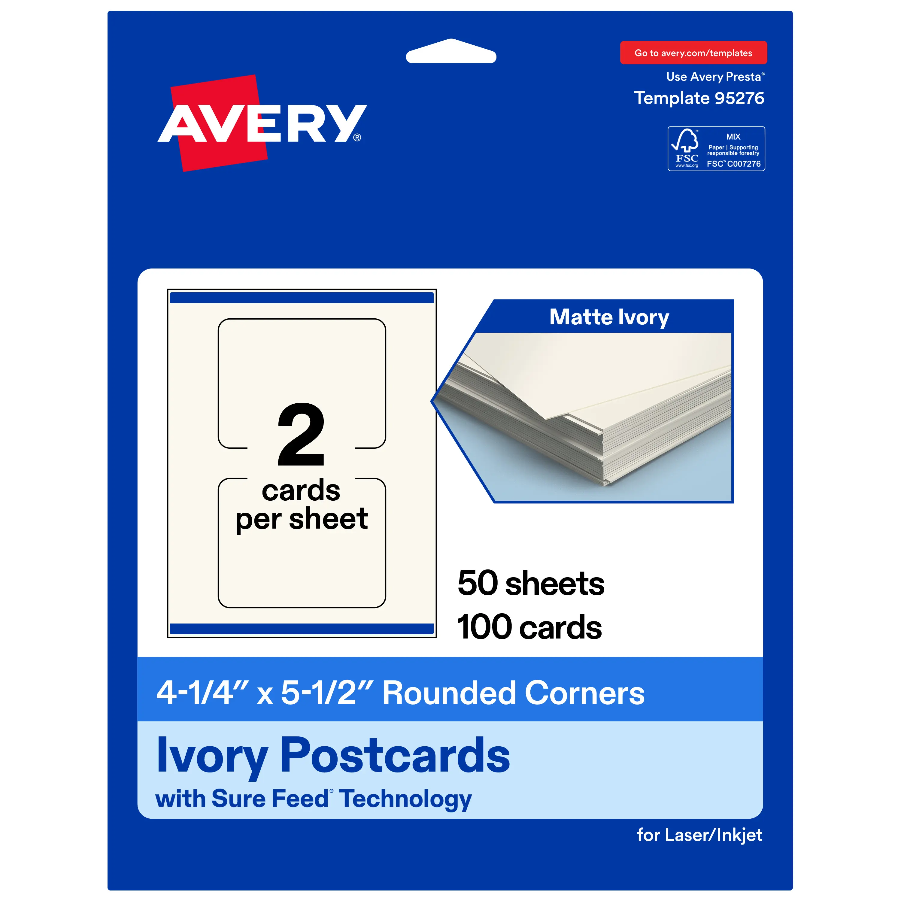 Avery 4-1/4" x 5-1/2" Rectangle Rounded Corner, Matte Ivory Postcards