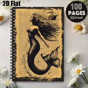 1 Mermaid Vintage Spiral Notebook, 5.7x8.26 Inch, Durable Coil Binding, Nautical Journal for Beach Trips, Travel Notes, Mermaid Lovers Gift for Birthday, Summer Vacation, Ocean Theme Stationery [2D] Flat