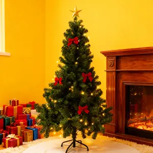 Sweet Furniture Plus 4.92FT Pre-lit Artificial Christmas Tree Realistic Shape Full Branches Perfect for Apartment Living Room with Red Bows