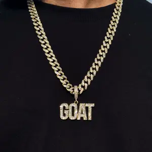 GOAT Letters Pendant & 13mm 18"~24" Iced Cubic Zirconia Bling Chain Hip Hop Necklace Fashion Jewelry for Unisex / Men / Women