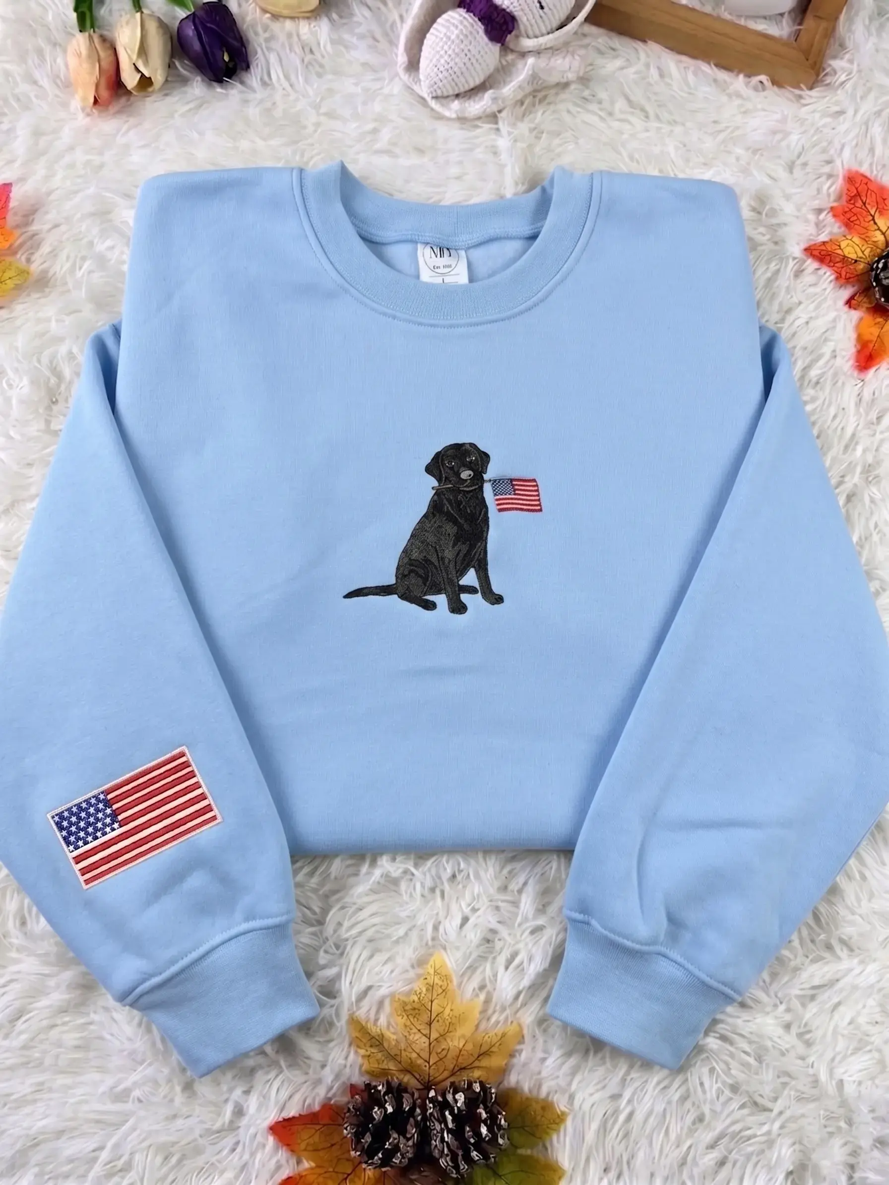 [Made in US] Embroidered Black Labrador T-Shirt Sweatshirt Hoodie, Black Lab Patriotic TShirt, July 4th Dog Mom Crewneck, 4th of July Dog Lab Mama Gift, USA Flag Dog