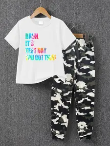 Boys' Summer Fashion Creative Colorful Letter Print Casual Short Sleeve T-Shirt + Comfortable Camo Sweatpants Set, Boys' Clothing Gift