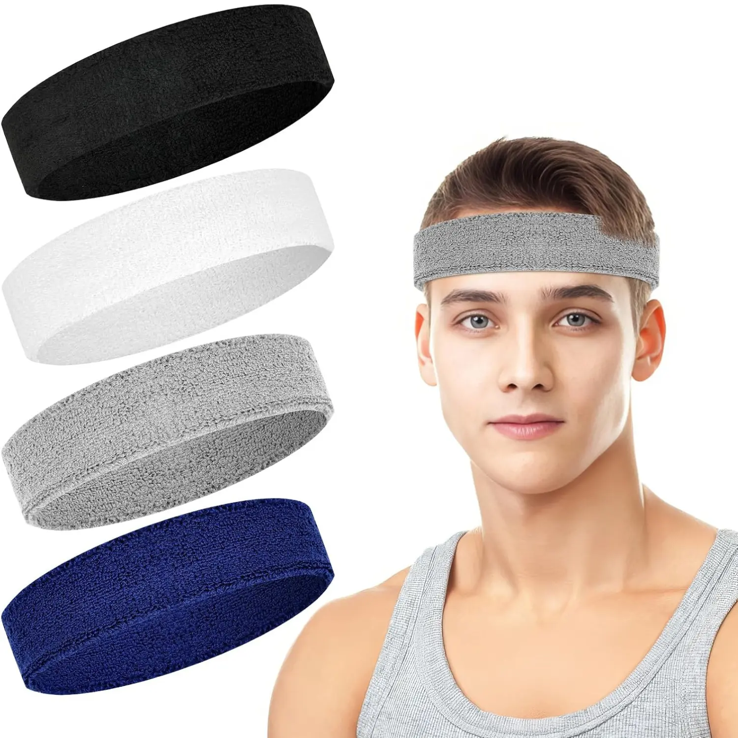 4-Pack Sports Headbands for Men & Women - Soft Cotton Stretchy Sweat Absorbing Elastic Sporty Training Headbands for Gym, Running, All Seasons, Stretchy Headbands, Sweat Absorbing Headband Headbands On Forehead Sweatband Headband
