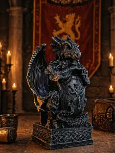 The Armored Kingdom Draconian Guardian Dragon Statue - Heavy Metal Ceramic Figurine with Shield, Medieval Winged Standing Decor, Room Decor for Fantasy Enthusiasts, Dragon Theme Home Gift