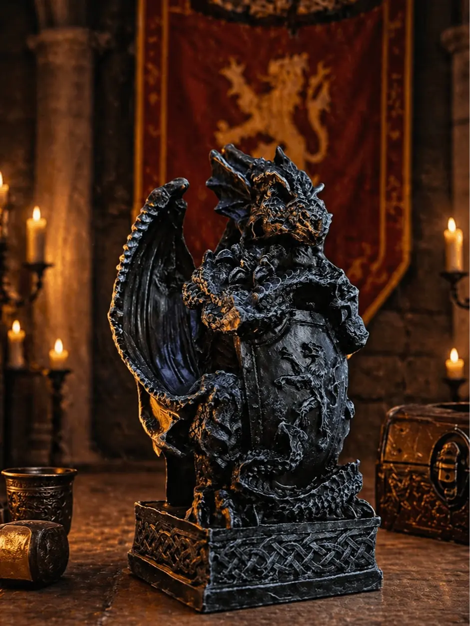 The Armored Kingdom Draconian Guardian Dragon Statue - Heavy Metal Ceramic Figurine, Medieval Winged Standing Decor with Shield, Fantasy Enthusiast Gift, Home Decor Piece