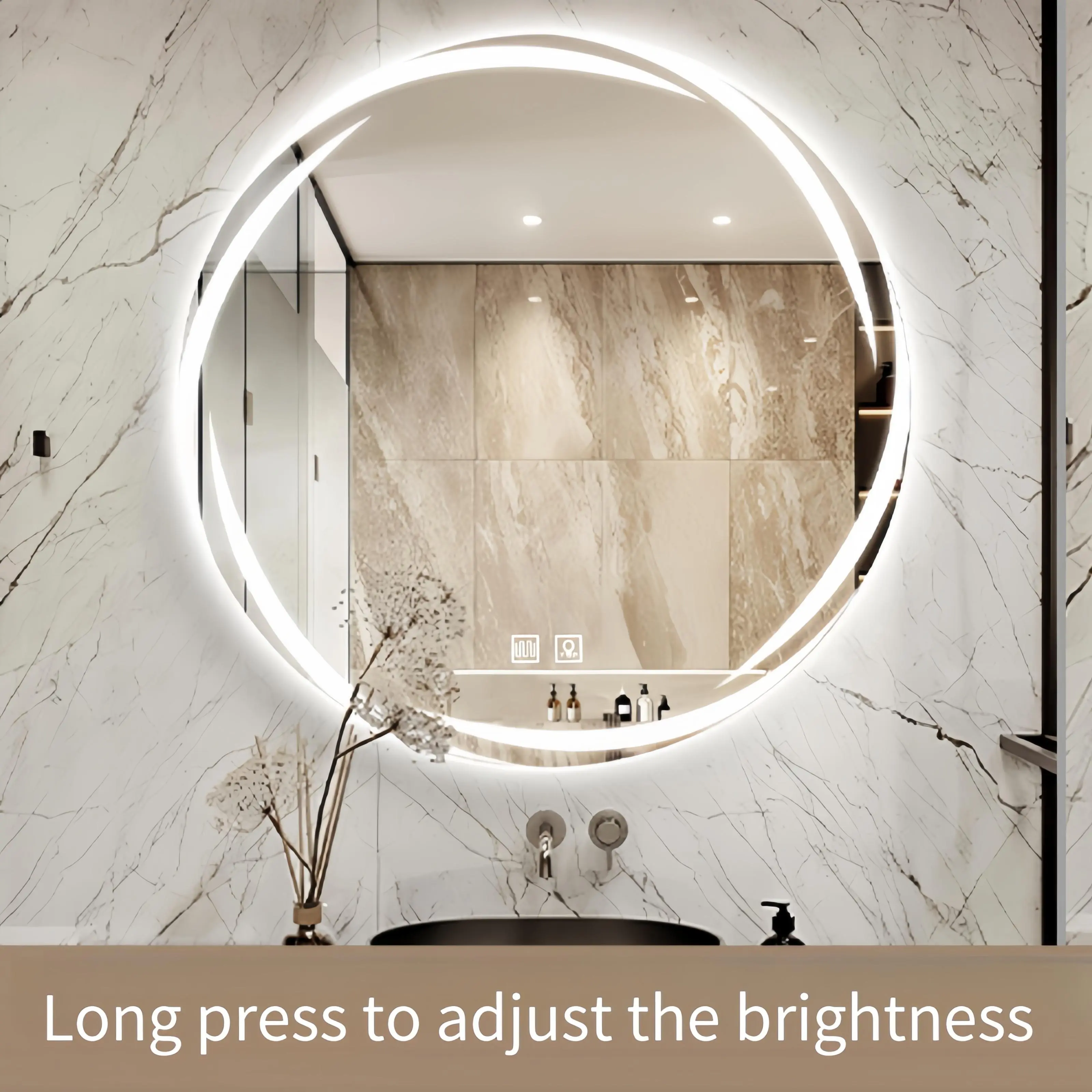 SHAMATE LED Smart Round Wall Mirror - 50cm/19.7in Diameter, Tempered Polished Glass, Touch Control, Dimmable Adjustable Brightness, Energy Saving Defogging, Wall-Mounted Bathroom Fixture, American Plug