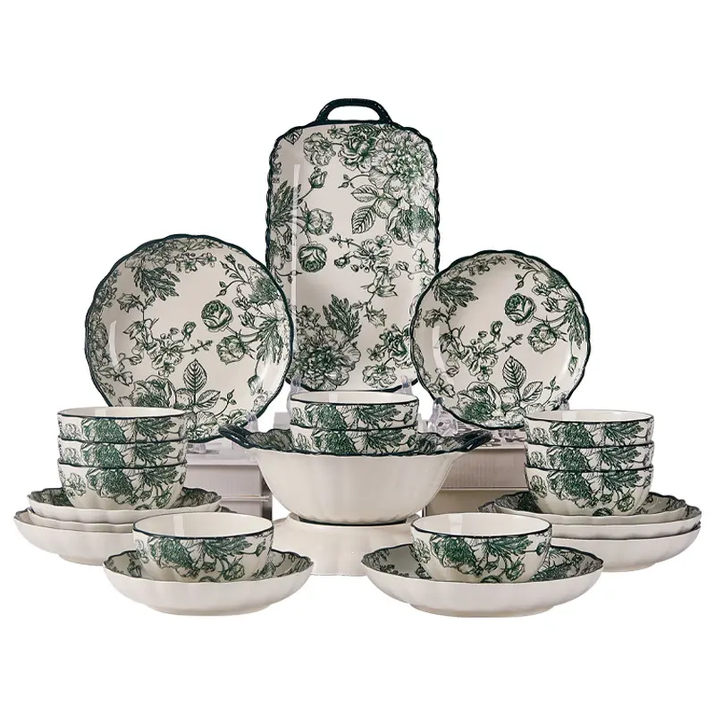 Ceramic Dinnerware Set for 4-6 People, Floral Pattern Design, Tableware Set, Dishware Sets, Suitable for Induction Cooktops & Microwaves, Dishwasher Safe, Dinnerware Service Set