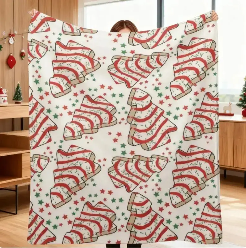 Whimsical Christmas Tree Cake Pattern Blanket Cozy Soft Fleece Throw for Dorms Bedroom Couch Perfect Xmas Gift for Mom Little Debbie Style Festive Holiday Decor