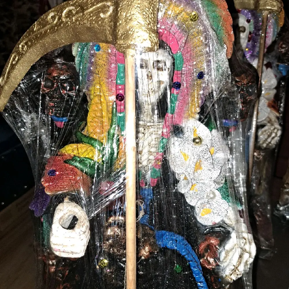 17x12 HEM Aztec Santa Muerte Statue with Colorful Beads and Gold Accents