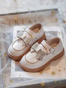 Shiny Leather Small Shoes, Rhinestone Bow Tie & Velcro Closure, Cool Elegant Girls' Princess Shoes, Bowknot Design Flats