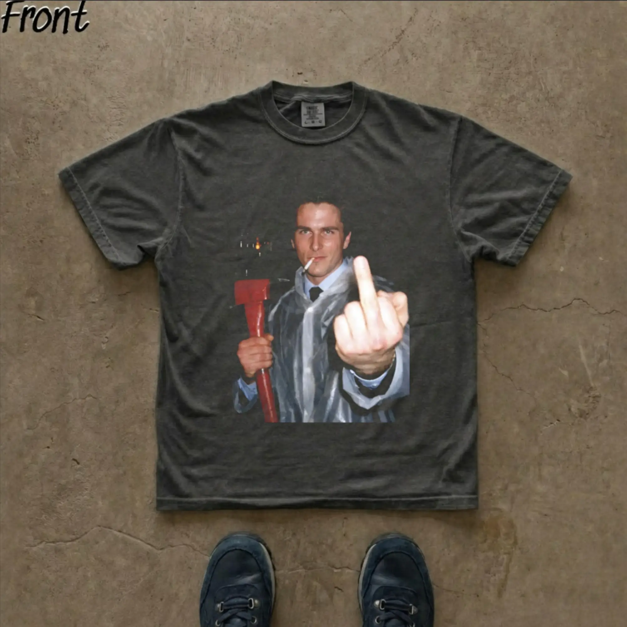 Vintage Patrick Bateman American Psycho Red Axe Middle Finger T-Shirt - Funny Cult Movie Graphic Tee, Savage Christian Bale Shirt, Funny Movie Graphic Tee, Fitted Shortleeve T-Shirt - Men's Black Round Neck Menswear, Gift For Men, Gift For Women