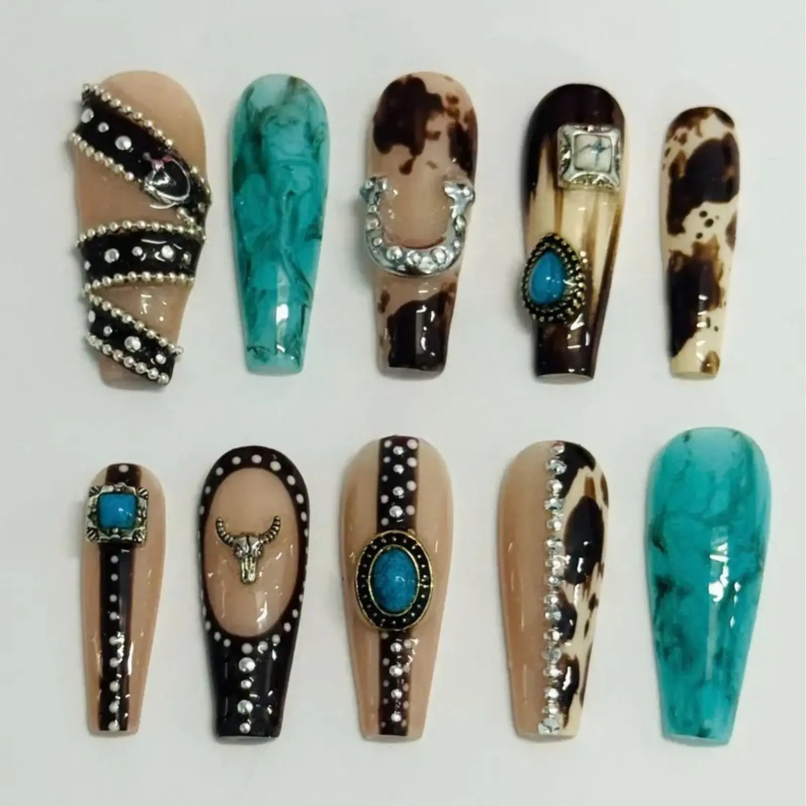 Y2K Western Turquoise Press On Nails | Cow Print Rodeo Nail Set | Desert Cowgirl French Tips | Long Coffin Handmade Fake Nails