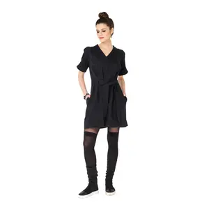 Navy Short Sleeve Cotton V-Neck Tie-Waist Short Casual Jumpsuit ANGELA