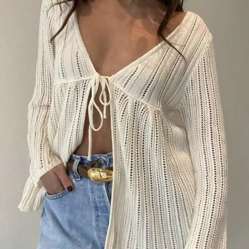 Sweet Dreams.Lady Women's Long-Sleeves Knitwear Tops - V-Neck Tie-Front Loose Casual Knit Cardigan, Hollow ThinLightweight Sun-Protective Retro Style, Suitable forCommute, Vacation, Beach