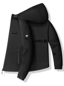 Men's Fashion Jacket with Hurley Logo, Stylish Zipper Pockets, Casual Hooded Design, Spring & Fall Wear, Slim-Fitting Outerwear