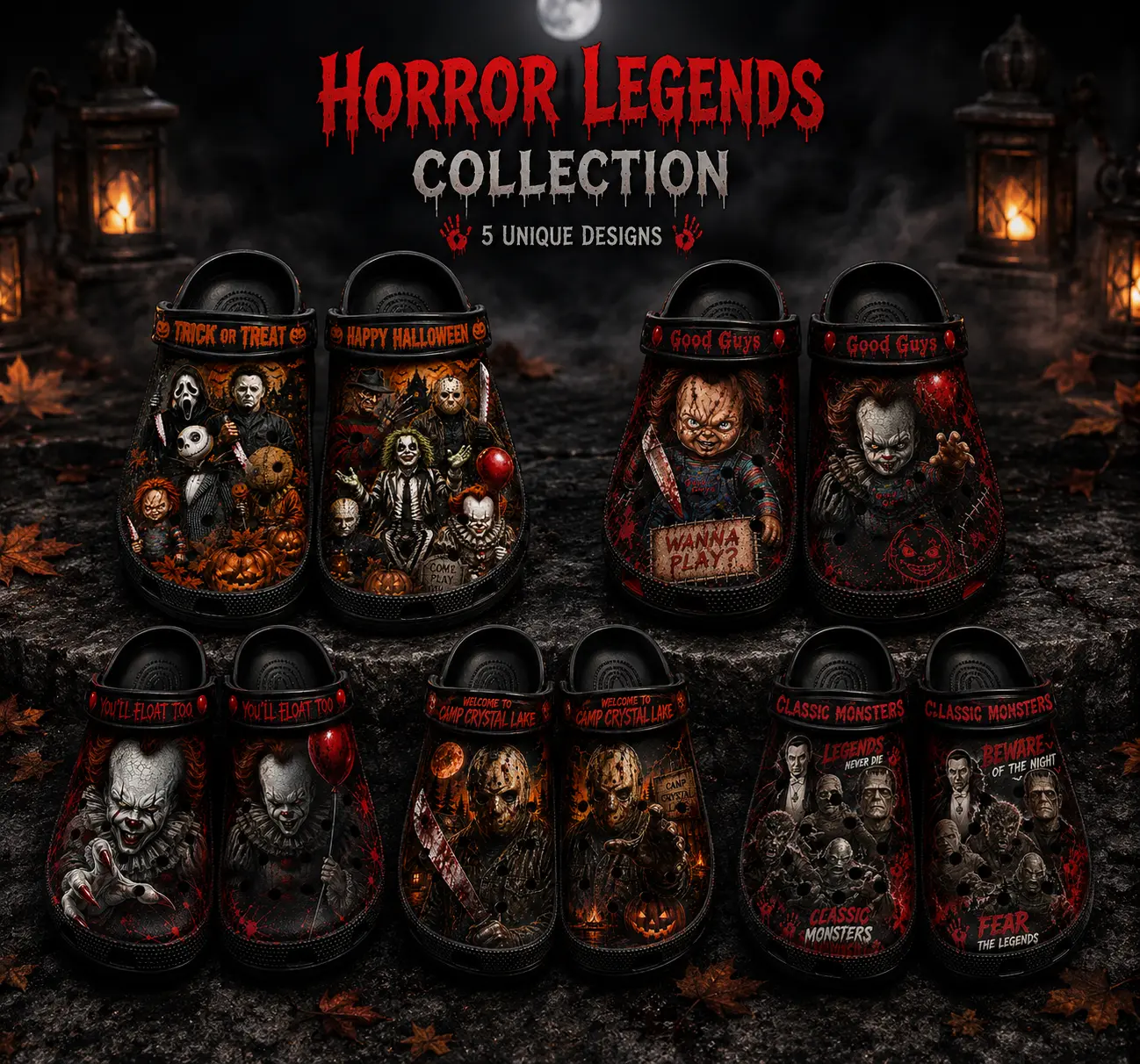 Halloween Clogs Collection, 3D Printed Spooky Shoes for Men Women, All Over Graphic Slip On Footwear
