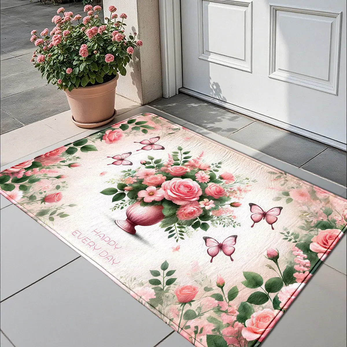 Spring Floral Butterfly Print Door Mat/carpet, Modern Minimalist Faux Wool Square Bathroom Carpet, Nordic Style Living Room Bedroom Rug, Butterfly Area Rug, Home Decorative Rug, Contemporary Decorative Rug, Decorative Mats