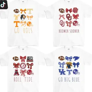 [Sale off 50%] Custom College Vintage College Football Bow White T-Shirt, Retro Football Coquette Tee, College All Team Football for Fan, Casual Game Day Shirt for Women Fit Womenswear Hand-Drawn T-Shirt 5NI