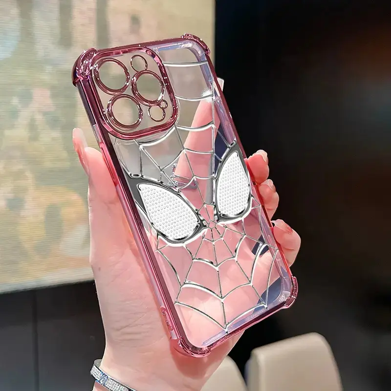 Minimalist Silver Electroplated Transparent Shockproof Spider-Man Phone Case, Soft TPU Silicone Cover for iPhone 11, 12 Mini, 13, 14, 15 Pro Max, 16, 16e Plus, 17 and Samsung Galaxy A04, A05, A06, A15, A32, A34, A35, A54, A55, S23 Ultra, S24 Ultra