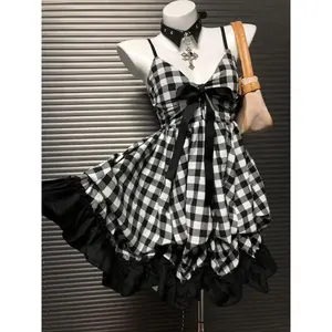 Summer Vintage Plaid Mini Dress Women Black White Bow Lace Patchwork Slim Strap Dress Casual Retro Sweet Hot Girl Y2K Clohing