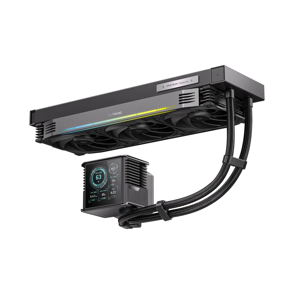 Sudokoo PROTEUS 360 Liquid Cooler with 30mm High-Performance Fans, 3.4" LCD, Magnetic Pump Cap, and Customizable RGB Lighting