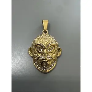 Gold Tone Monkey Pendant Cubic Zirconia Stainless Steel 24” Chain Unisex Gift