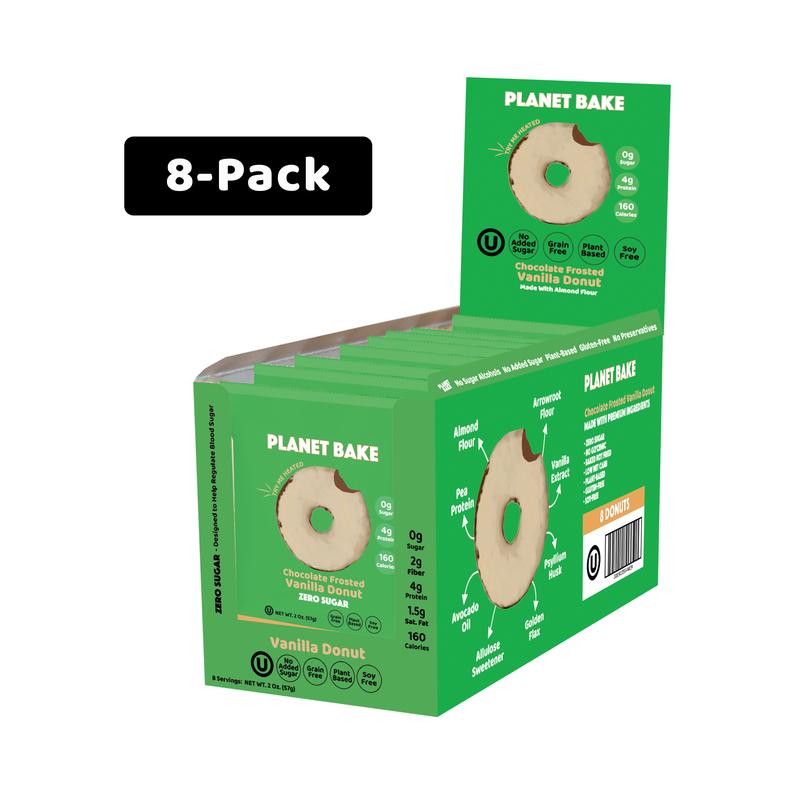 Planet Bake Vanilla Bean Donuts 8 Pack - Plant-Based, Low-Carb, Gluten-Free, No Sugar Alcohol, Sweetened for Snack & Dessert
