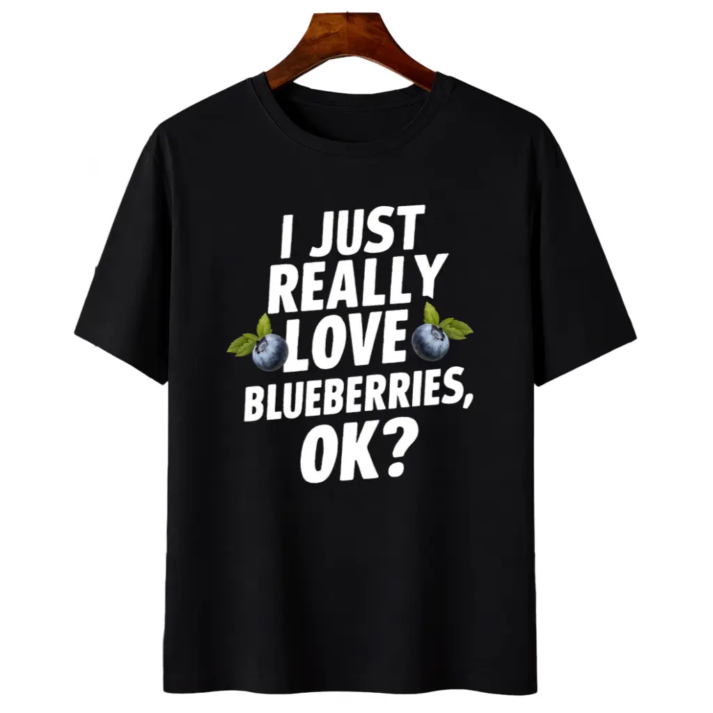 Women's Vintage Blueberry Graphic T-Shirt - "I Just Really Love Blueberries, OK?" Slogan & Berry Print - Soft Casual Short Sleeve Tee - Funny Foodie Apparel for Blueberry Lovers