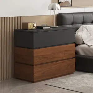 Mid Century Nightstand with 3 Drawers Set of 2, 31.5'' Wide Modular Night Stand Side Table, Walnut & Matte Gray Stacked Installation Engineered Wood Bedside Table for Bedroom