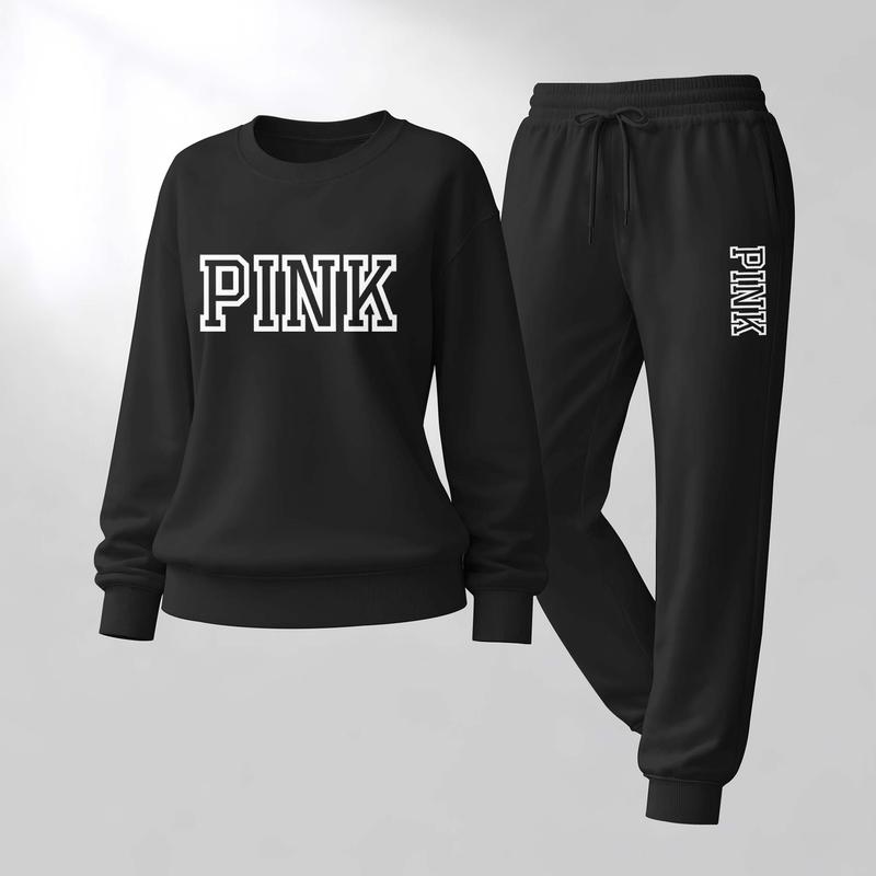 Women's Pink Letter Print Crewneck Sweatshirt and Drawstring Track Pants Set, Casual Sportswear, Long-Sleeve Round Neck Top and Pants, Suitable for Spring, Autumn and Winter, Everyday Wear