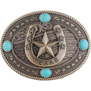 Western Belt Buckles for Men, Vintage Cow Bull Native American Flag Cowboy Belt Buckle with Turquoise