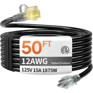 12 Gauge 50 FT Heavy Duty Outdoor Extension Cord  with Lighted End,Black 12 Gauge Extension Cord Flexible and Cold Resistant 3 Prong Grounded Plug,15Amp 1875W SJTW ETL Listed