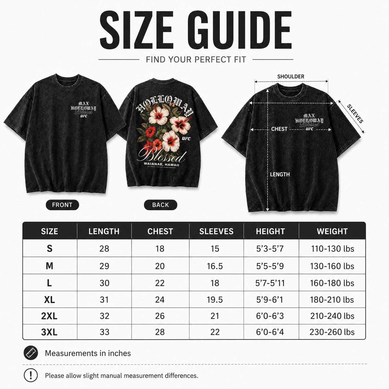 Men's Max Holloway Blessed Double-Sided Graphic Casual Short-Sleeve T-Shirt, UFC Hawaiian Floral MMA Fan Vintage Washed Menswear Top