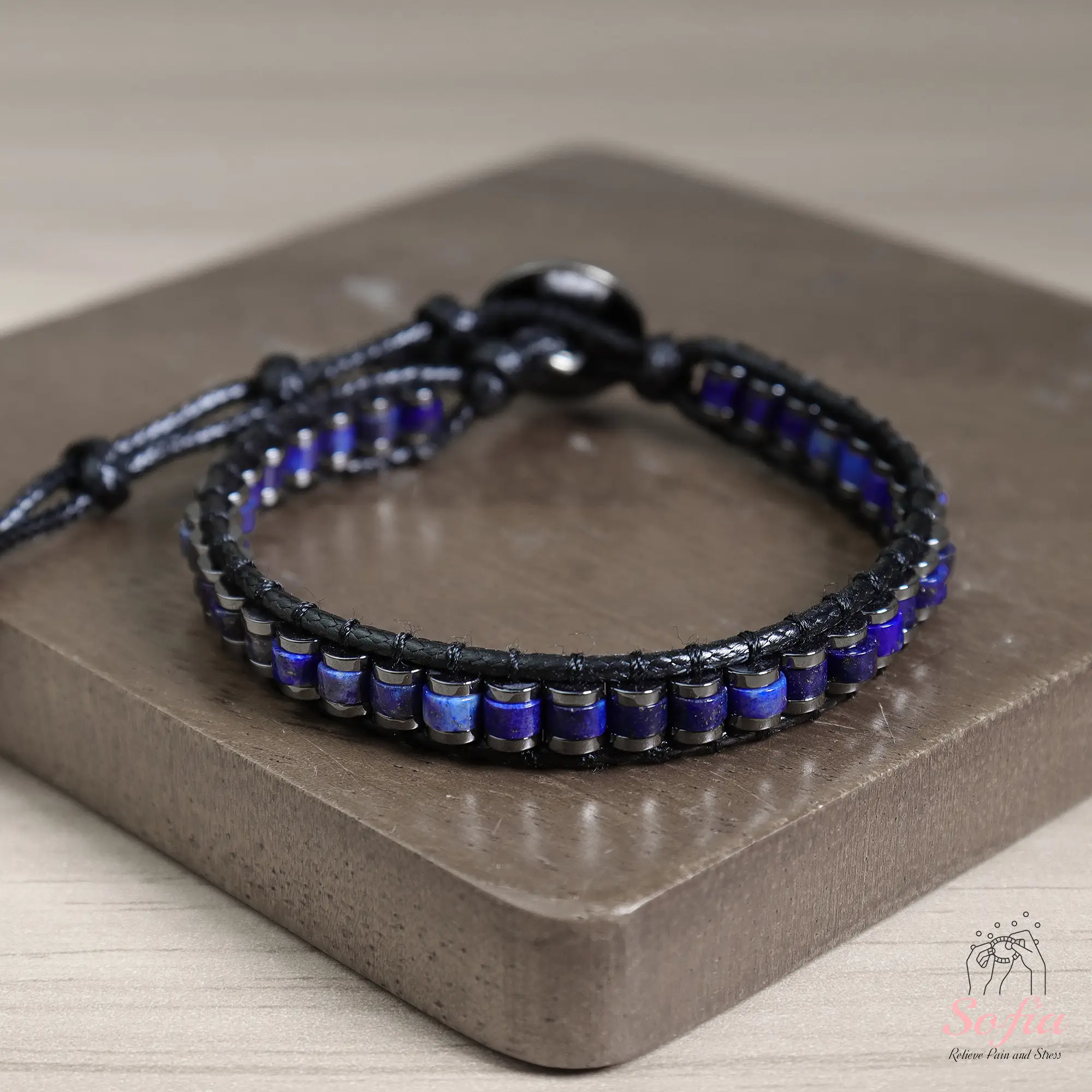 Lapis Lazuli Bracelet Blue Lapis Hematite Bracelet Healing Crystal Barrel Gemstone Leather Bracelets Minimalist Style Gift for her, gift for him