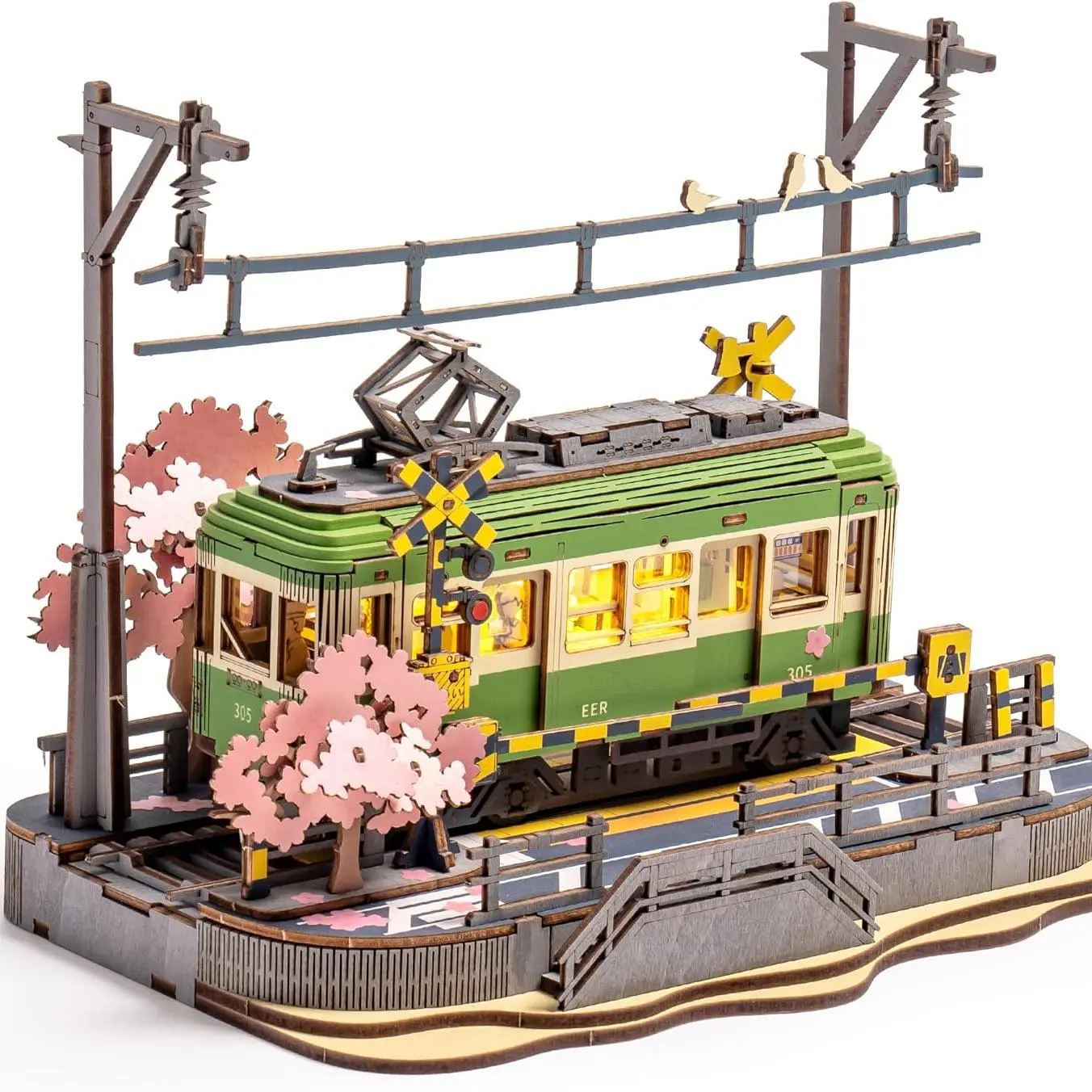 3D Wooden Puzzle Sakura Journey Tram with LED Light – DIY Craft Kit & Holiday Gift for Adults & Kids | Robotime TGS02