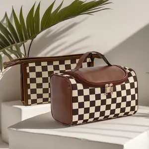 Checkerboard Pattern Cosmetic Bag, Large Capacity Makeup Bag with Portable Small Bag, Fashionable and Practical Makeup Organizer for Travel