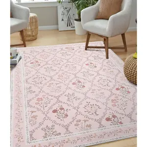 5x7 Washable Rug for Bedroom, Pink Floral Rugs for Living Room Non Slip Ultra-Thin Large Boho Rug for  Playroom, Classroom, Girls Dorm, , Pink Multi