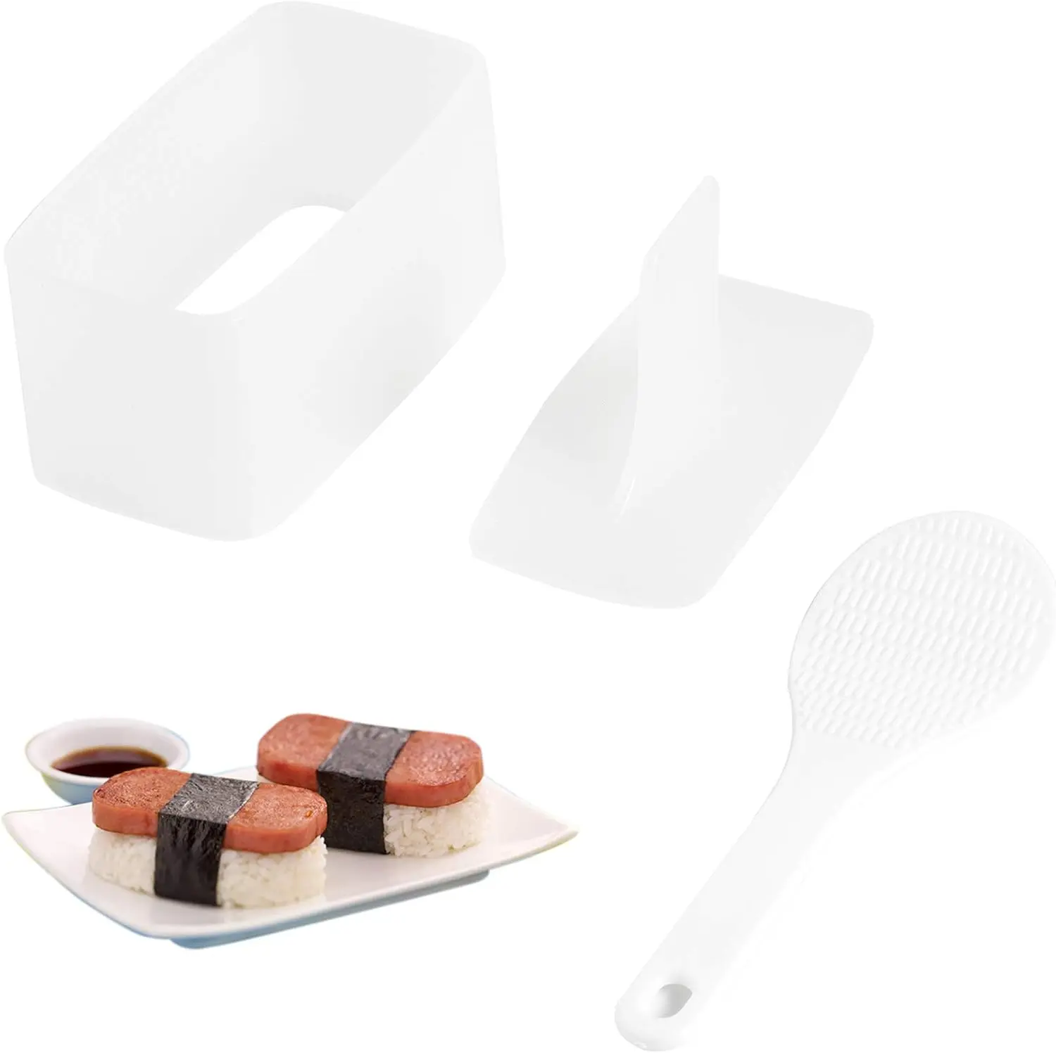1 Pack Non Stick Musubi Maker Press with Small Rice Paddle, Sushi Making Kit Onigiri Mold Luncheon Meat Press Hawaiian Musubi Maker Mold (White)