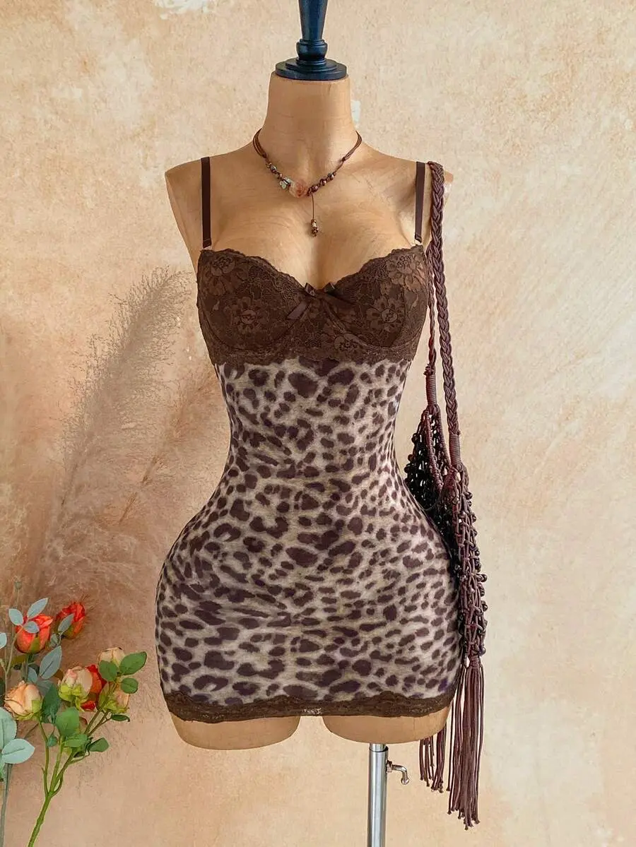 DAZY All Shades Of Brown,Summer,Seductive,Club Night Lace Cup Detail Tropical Floral Mesh Bodycon Mini Dress For Date,Garden,Boho Vacation Vintage Clothes